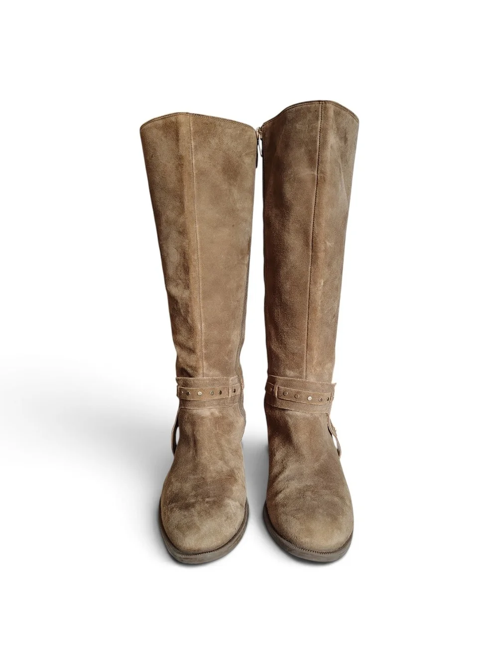 Nine West Luciana Tan Suede Studded Harness Riding Boots Women's Size 9